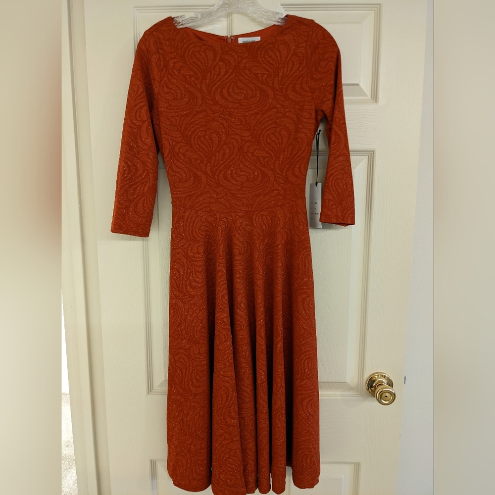 Unique vintage burnt orange 3/4 sleeve swing dress size S/4 NWT